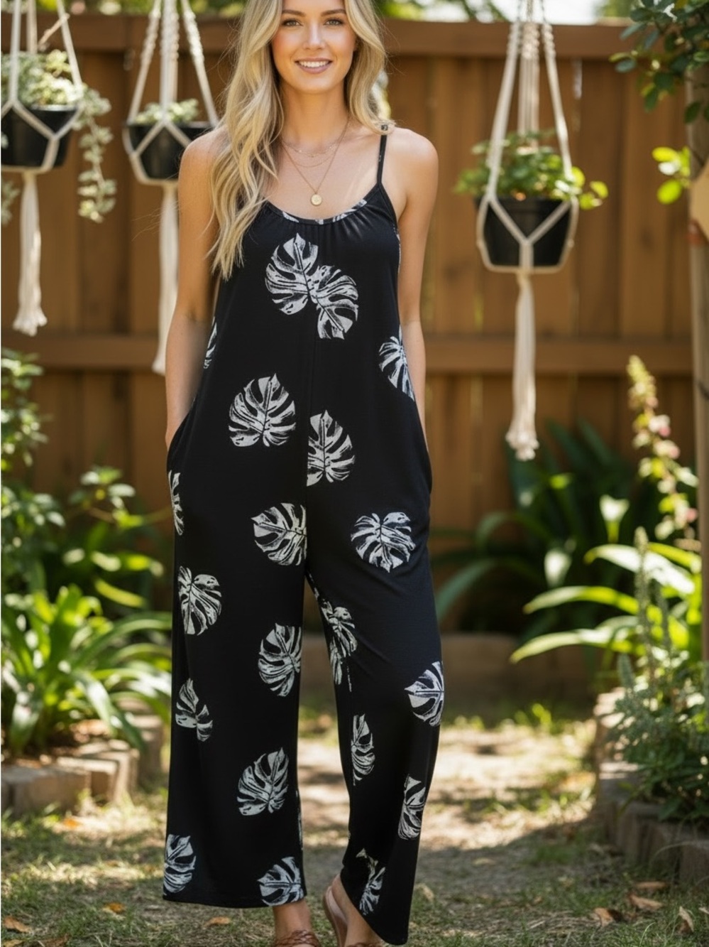 Women's Black Tropical Print Wide-Leg Jumpsuit